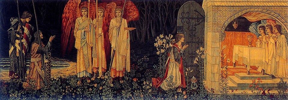 The Attainment — Sir Galahad kneels before the chapel of the Grail attended by angels