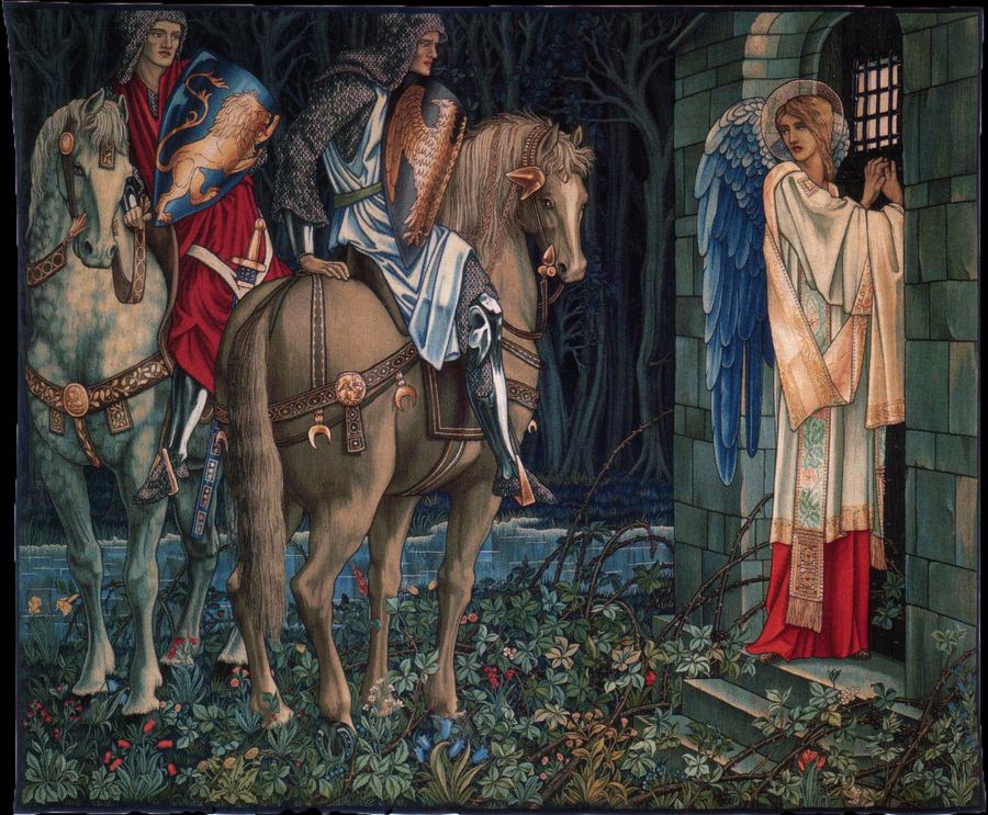 The Failure of Sir Gawaine — two mounted knights turned away from a chapel by an angel