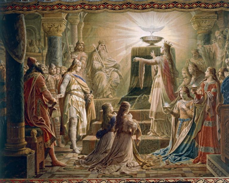 The Miracle of the Grail — the Grail borne aloft in a shining hall