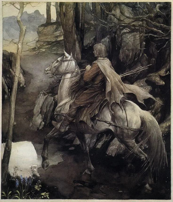 Peredur Son of Efrawg — a young rider on a white horse in a dark wood