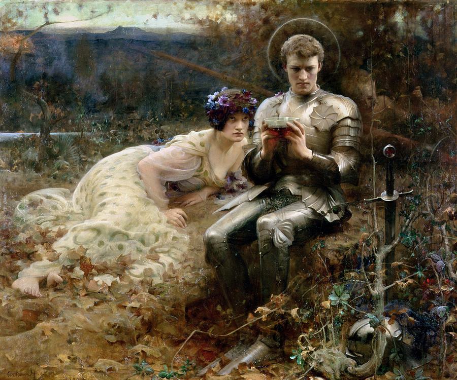 The Temptation of Sir Percival — a young knight studies a cup while a temptress watches