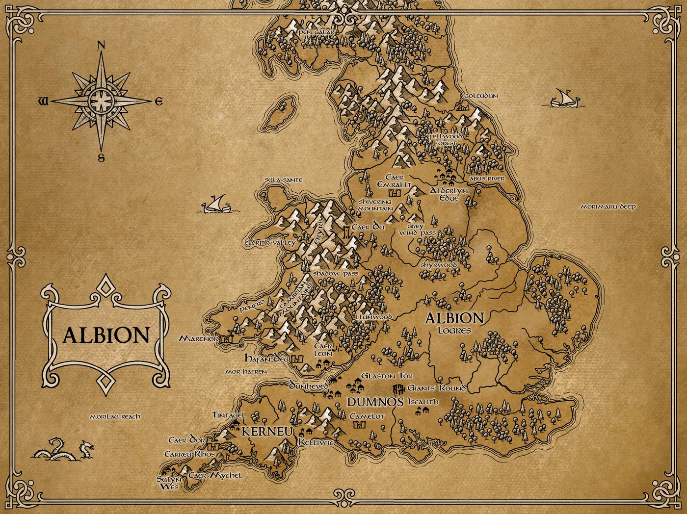 Map of Albion — the world of The Apprentice of Avalon, from Kerneu and Dumnos to Logres and Pen Galar